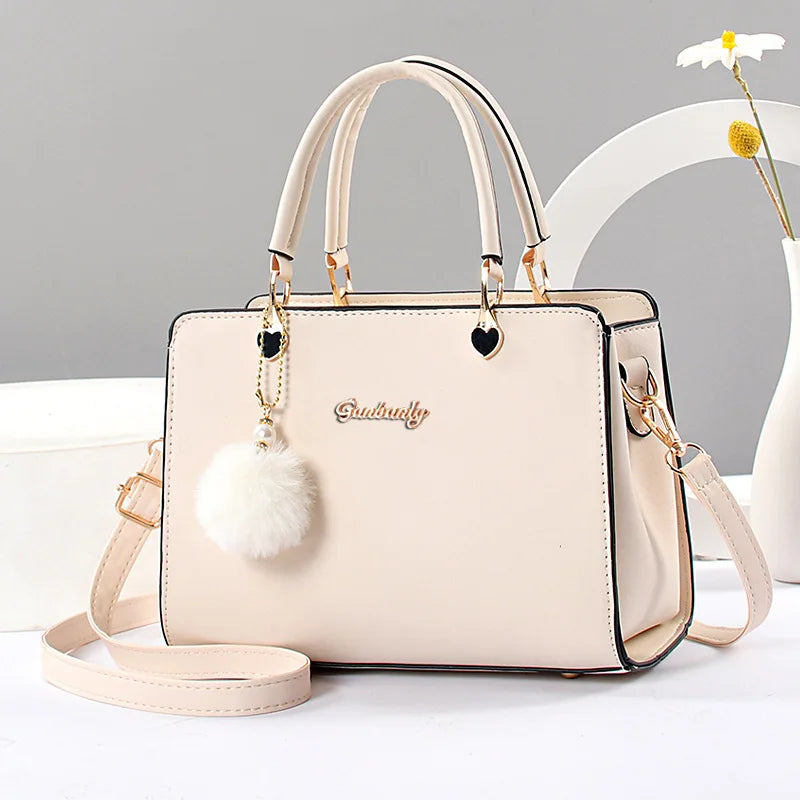 Casual Tote Bag with Pom Pom - Crossbody Shoulder Handbag