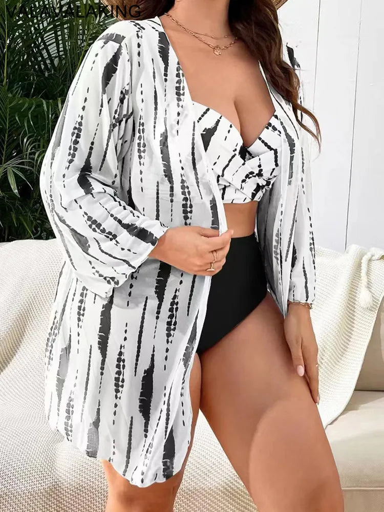 Plus Size High Waist Bikini Set with Mesh Cover Up - 3 Piece Swimsuit