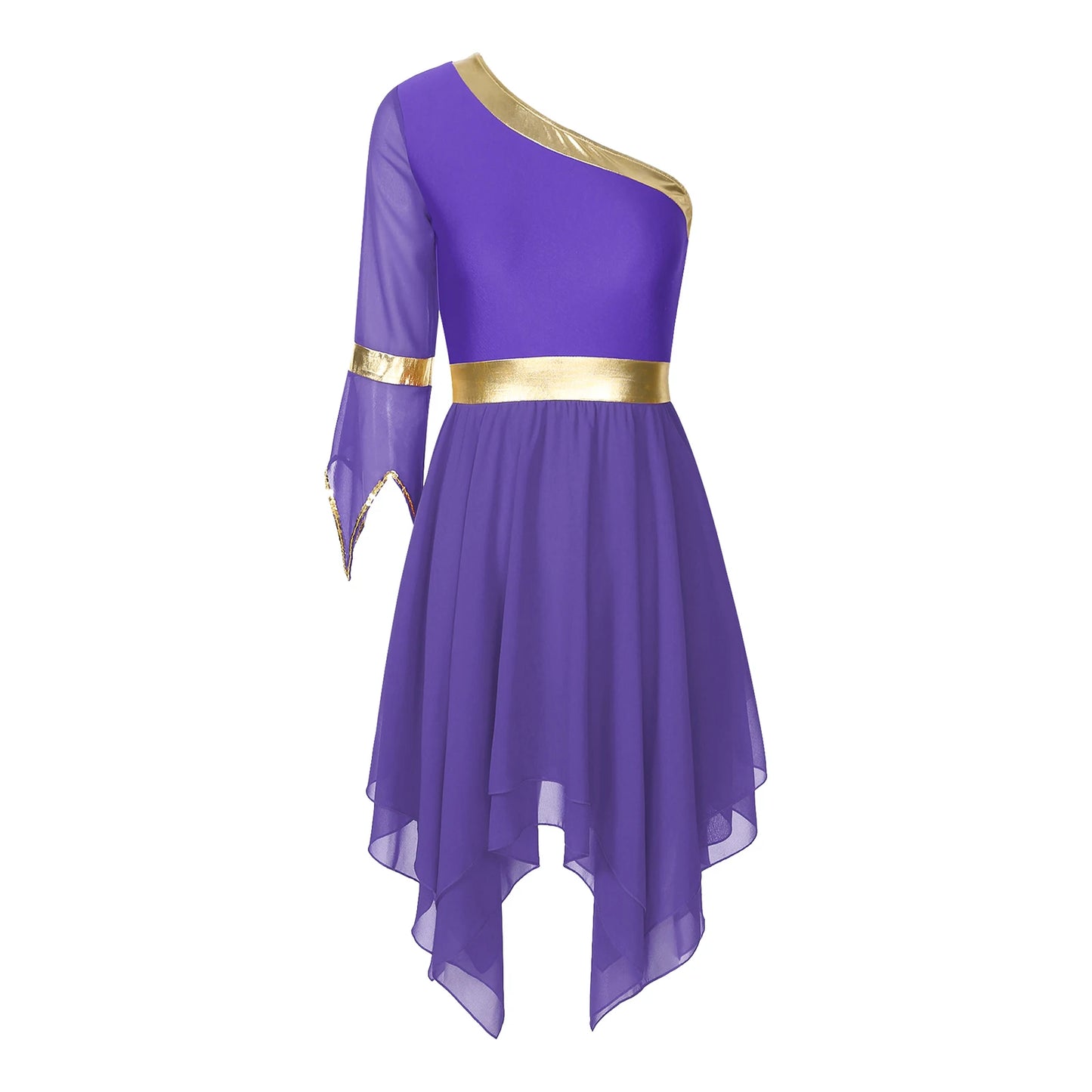 Women's Lyrical Dance Dress - One Shoulder Chiffon with Sequin Trim
