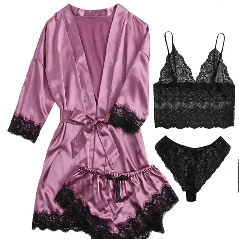 4-Piece Lace Pajama Set - Camisole, Shorts, Robe & Nightgown
