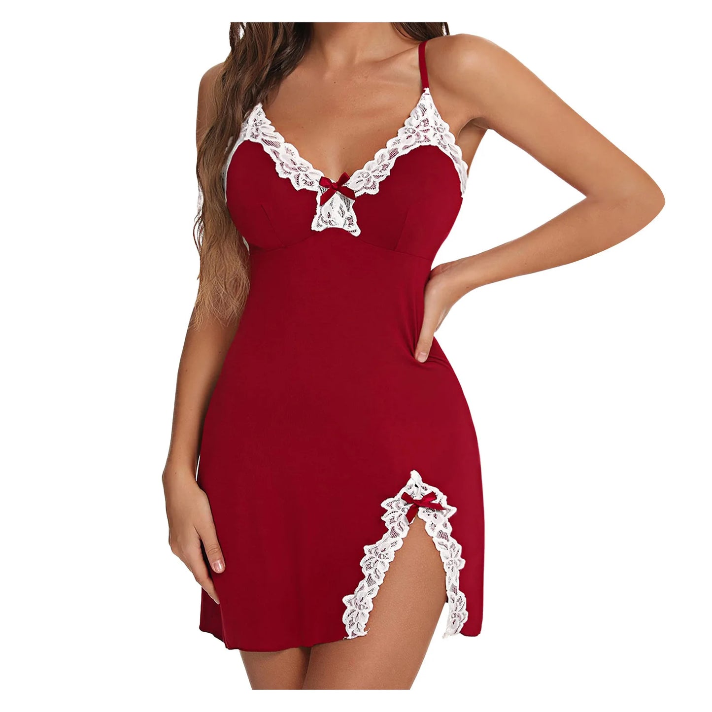 Lace Trim Babydoll Nightgown - V Neck Chemise with Side Split
