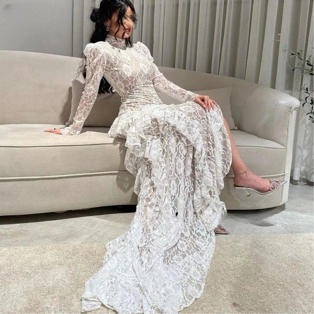 Lace Mermaid Evening Gown – High Neck, Full Sleeve, Backless Formal Dress