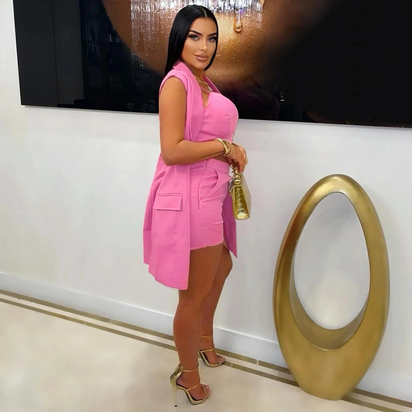 Three-Piece Blazer & Shorts Set - Sleeveless V-Neck Summer Suit