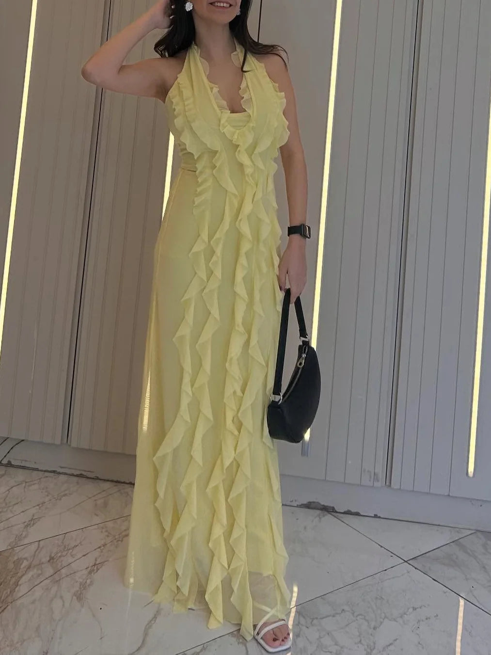Women's Tiered Backless Maxi Dress - V-Neck Spaghetti Strap for Beach, Prom & Resort