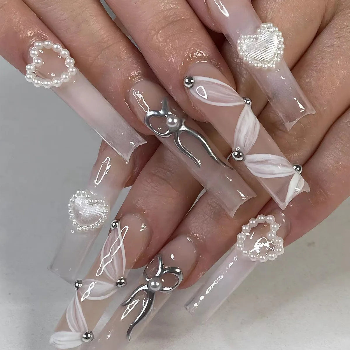 Press-On Coffin Nails | Butterfly Rhinestone Ballet False Nails Set 24Pcs