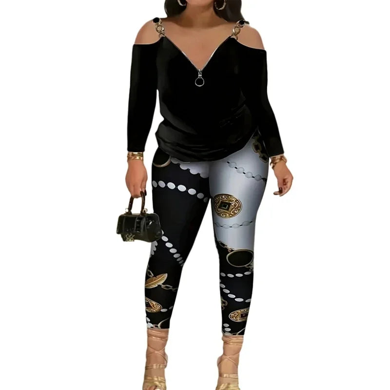 Plus Size Off-Shoulder Zip Top & Printed Pants Set - Two Piece Outfit
