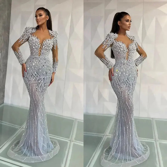 Crystal Mermaid Prom Gown – Satin & Lace, Court Train, Plus Size Available