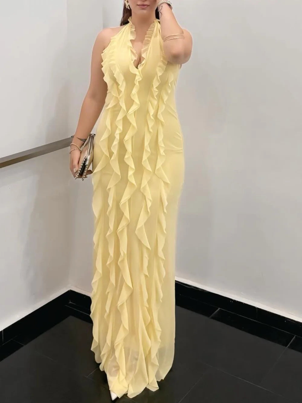 Women's Tiered Backless Maxi Dress - V-Neck Spaghetti Strap for Beach, Prom & Resort