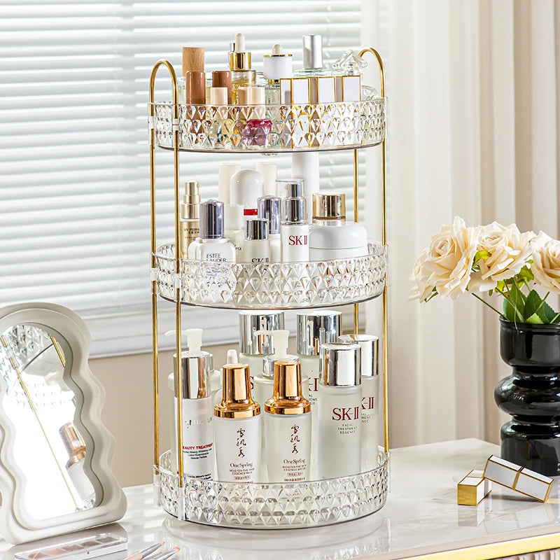 Diamond Pattern Rotating Makeup Organizer - 3 Tier Clear Vanity Storage