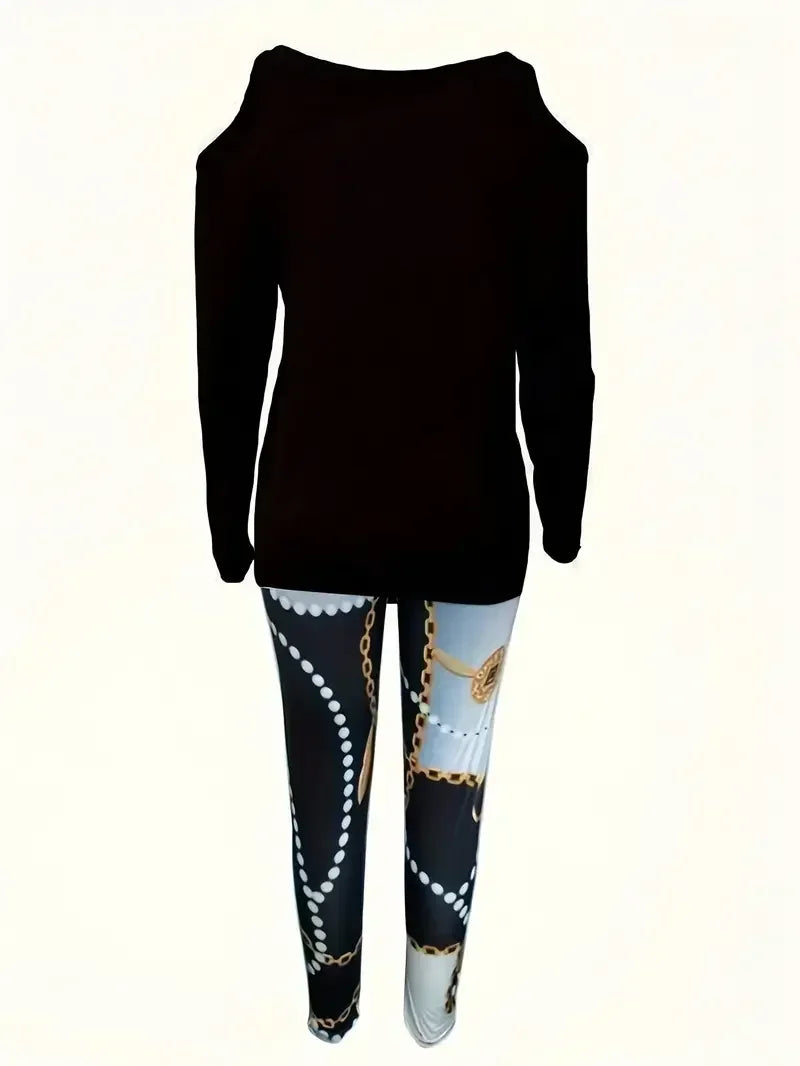 Plus Size Off-Shoulder Zip Top & Printed Pants Set - Two Piece Outfit
