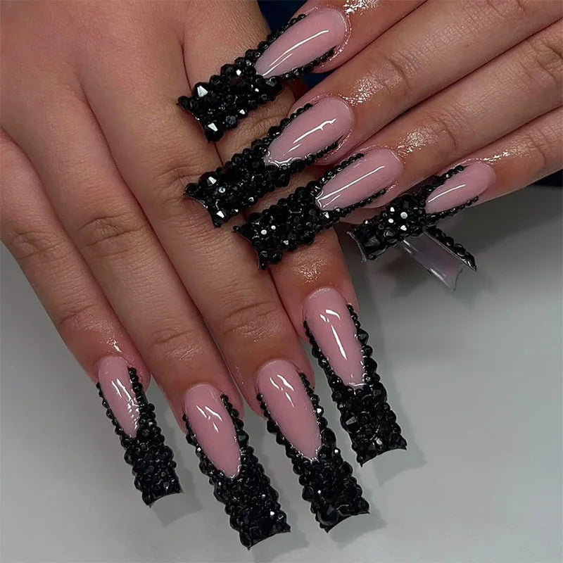 Press-On Coffin Nails | Butterfly Rhinestone Ballet False Nails Set 24Pcs