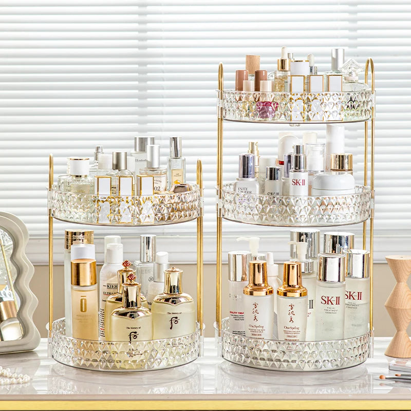 Diamond Pattern Rotating Makeup Organizer - 3 Tier Clear Vanity Storage