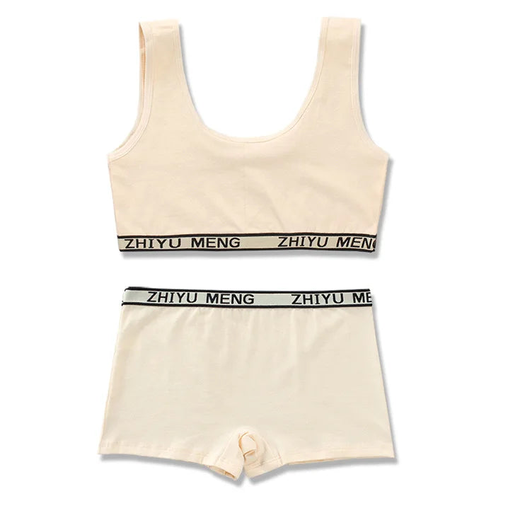 Girls' Cotton Training Bra & Panties Set - Wireless Sports Bra for Teens