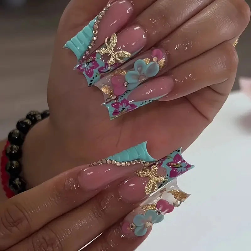 Press-On Coffin Nails | Butterfly Rhinestone Ballet False Nails Set 24Pcs