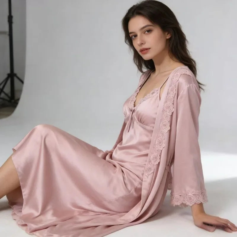 2-Piece Lace Pajama Set - V Neck Nightgown & Robe