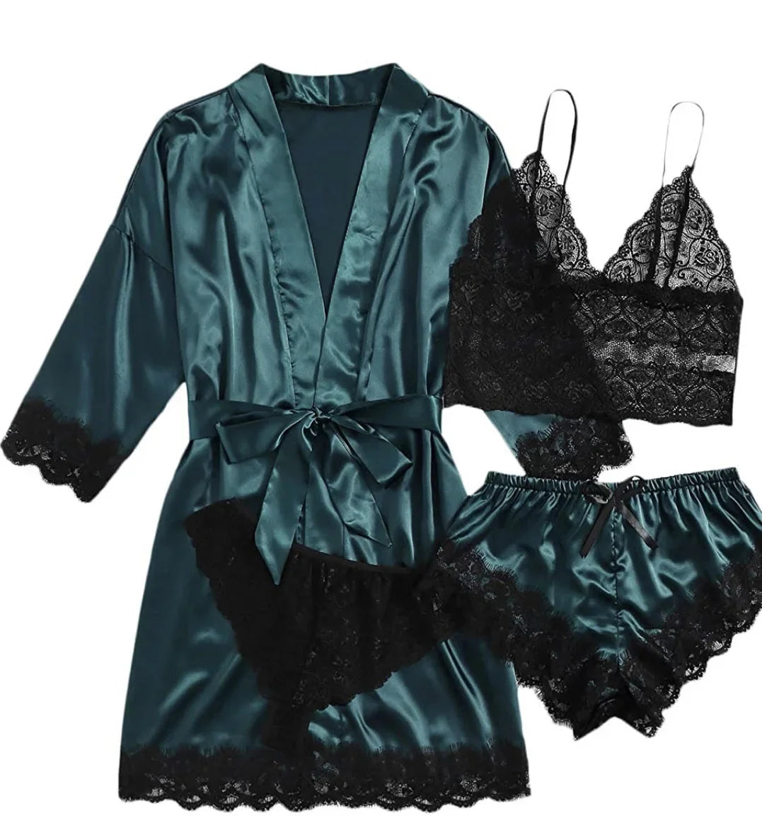 4-Piece Lace Pajama Set - Camisole, Shorts, Robe & Nightgown
