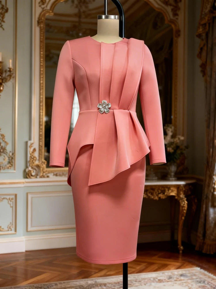 Women's Rhinestone Peplum Dress - Slim High Waist Long Sleeve for Church & Evening