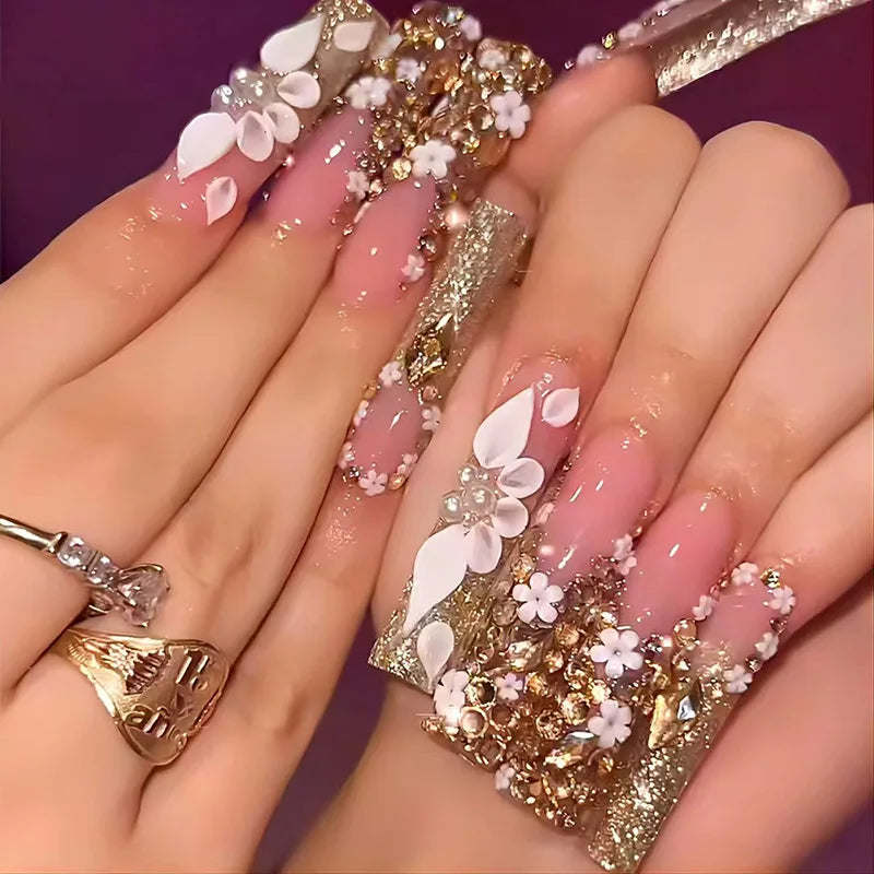 Press-On Coffin Nails | Butterfly Rhinestone Ballet False Nails Set 24Pcs