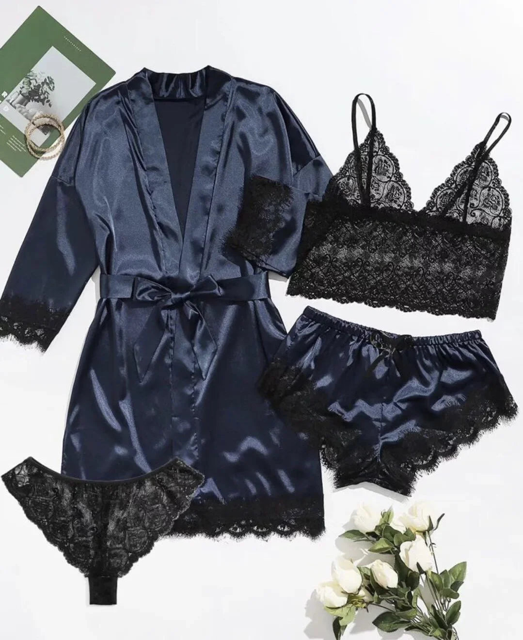 4-Piece Lace Pajama Set - Camisole, Shorts, Robe & Nightgown
