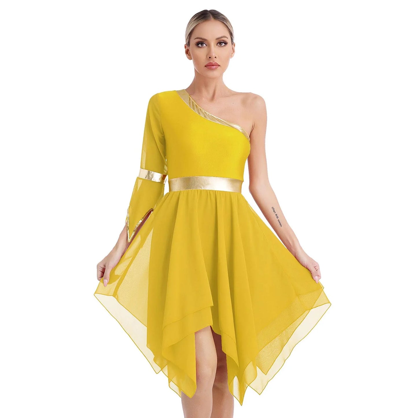 Women's Lyrical Dance Dress - One Shoulder Chiffon with Sequin Trim