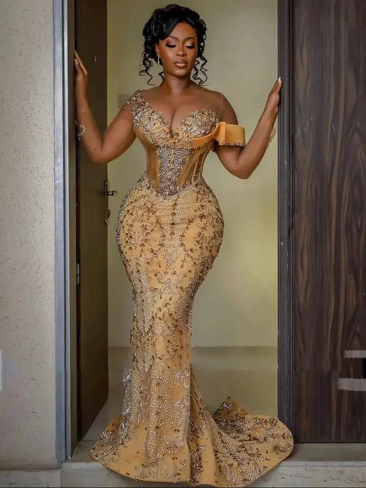 Luxury Gold Aso Ebi Prom Gown with Crystal Beading & Lace