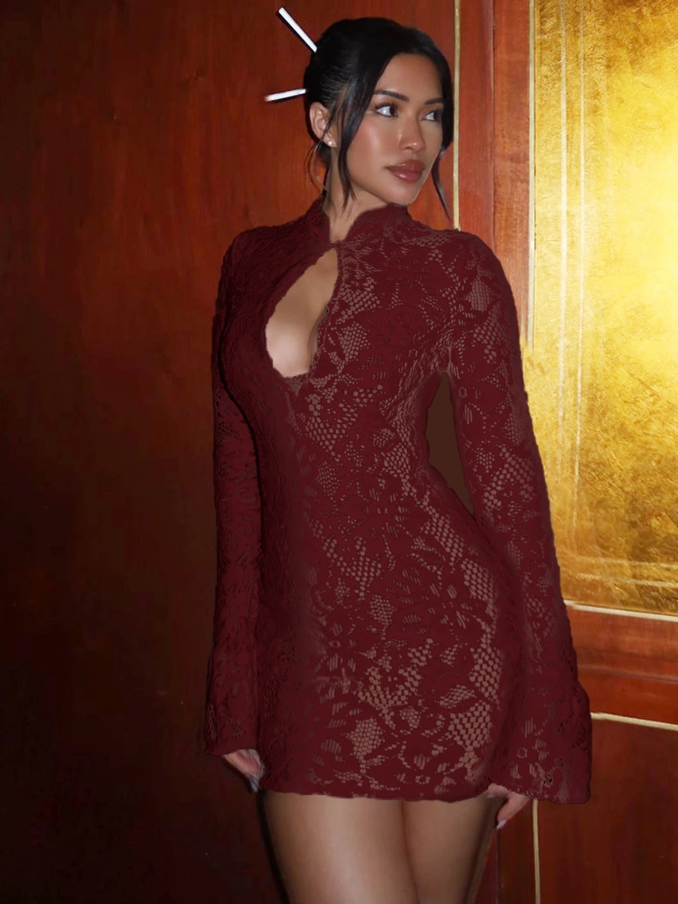 Lace Flare Sleeve Bodycon Mini Dress | Hollow-Out Sexy Club Dress for Women