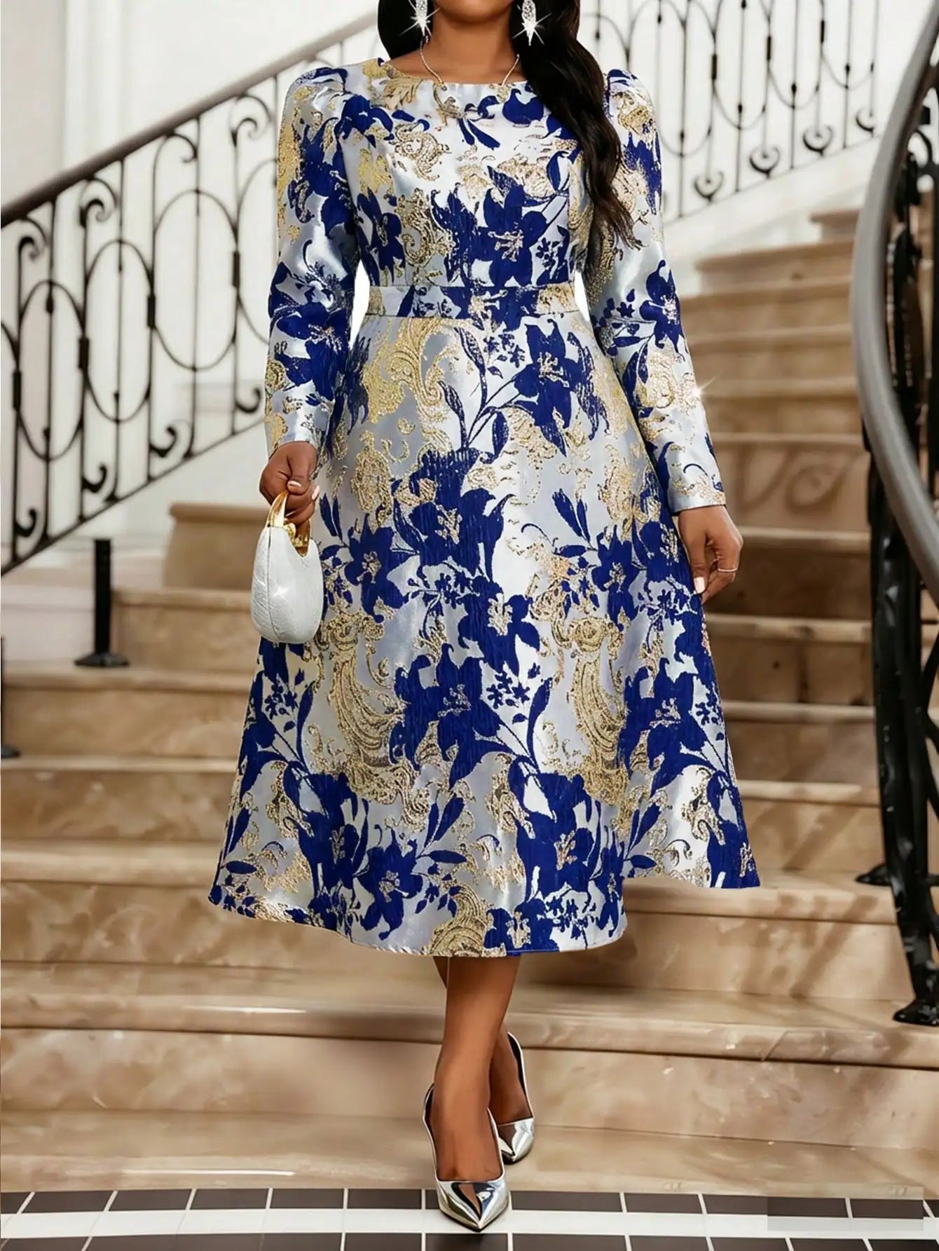 Plus Size Women's Elegant Long Sleeve Floral Brocade Dress for Party Wedding Church Events