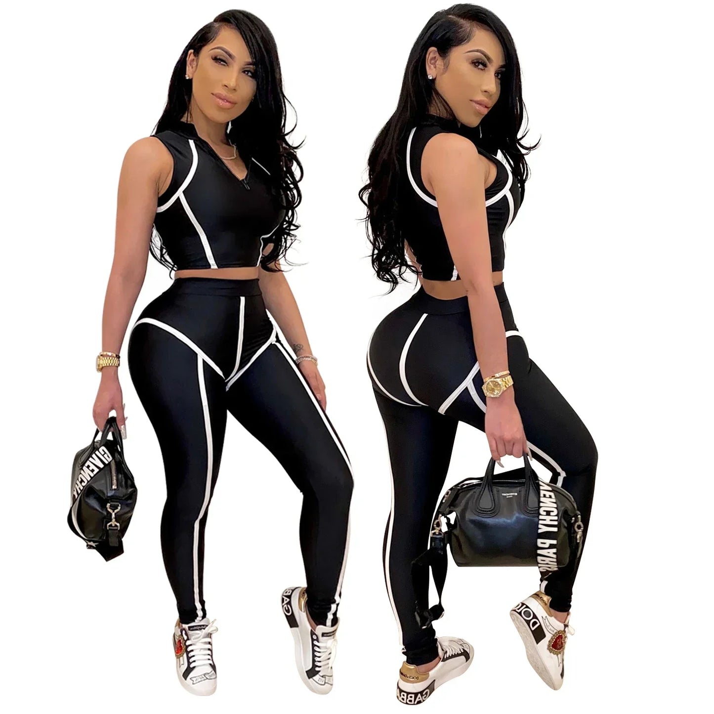 Zip-Front Crop Top & Skinny Pants Set - Street Style Two-Piece