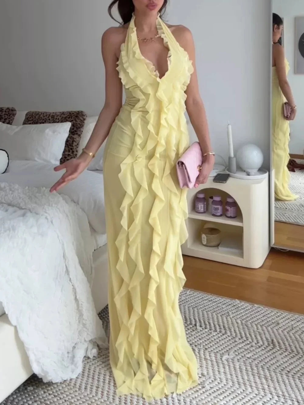 Women's Tiered Backless Maxi Dress - V-Neck Spaghetti Strap for Beach, Prom & Resort