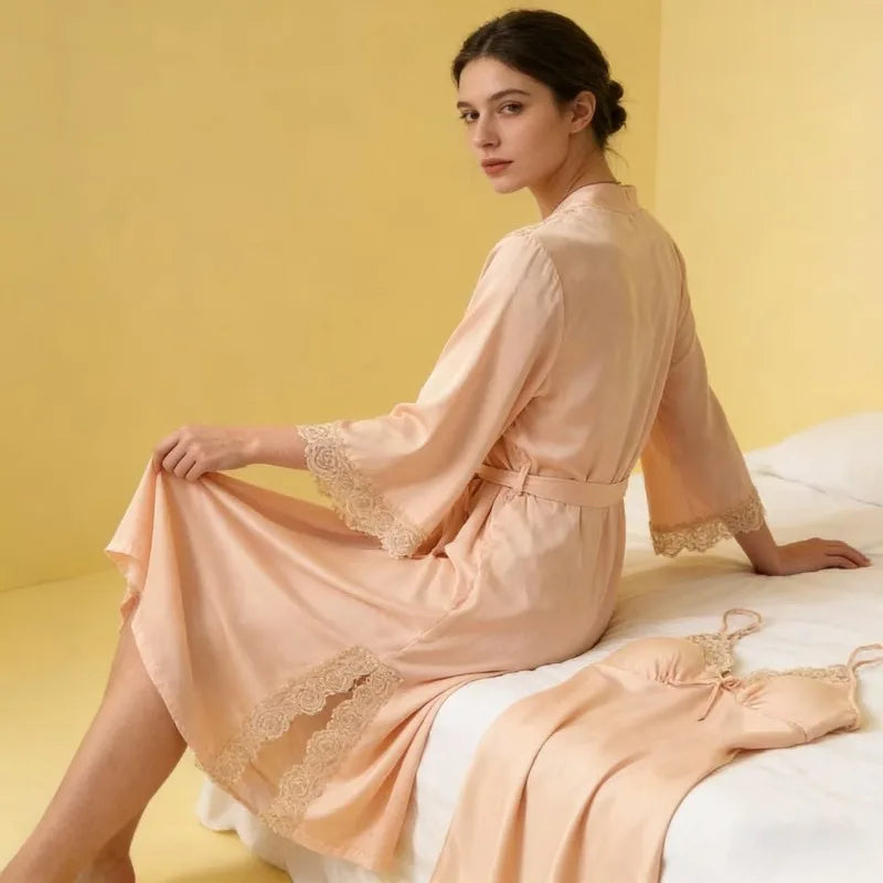 2-Piece Lace Pajama Set - V Neck Nightgown & Robe