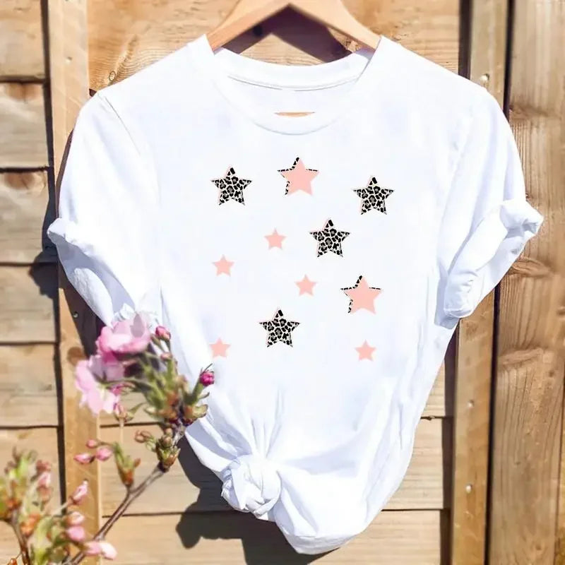 Women Leopard Love Heart Print T-shirts Fashion Graphic T Top Short Sleeve 90s Cute Spring Summer Shirt Female Tee T-Shirt