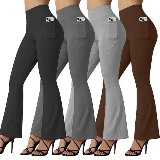 High Waisted Flared Yoga Leggings - Women's Butt Lifting Wide Leg Pants with Pockets