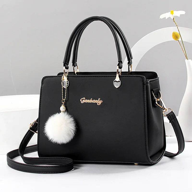 Casual Tote Bag with Pom Pom - Crossbody Shoulder Handbag