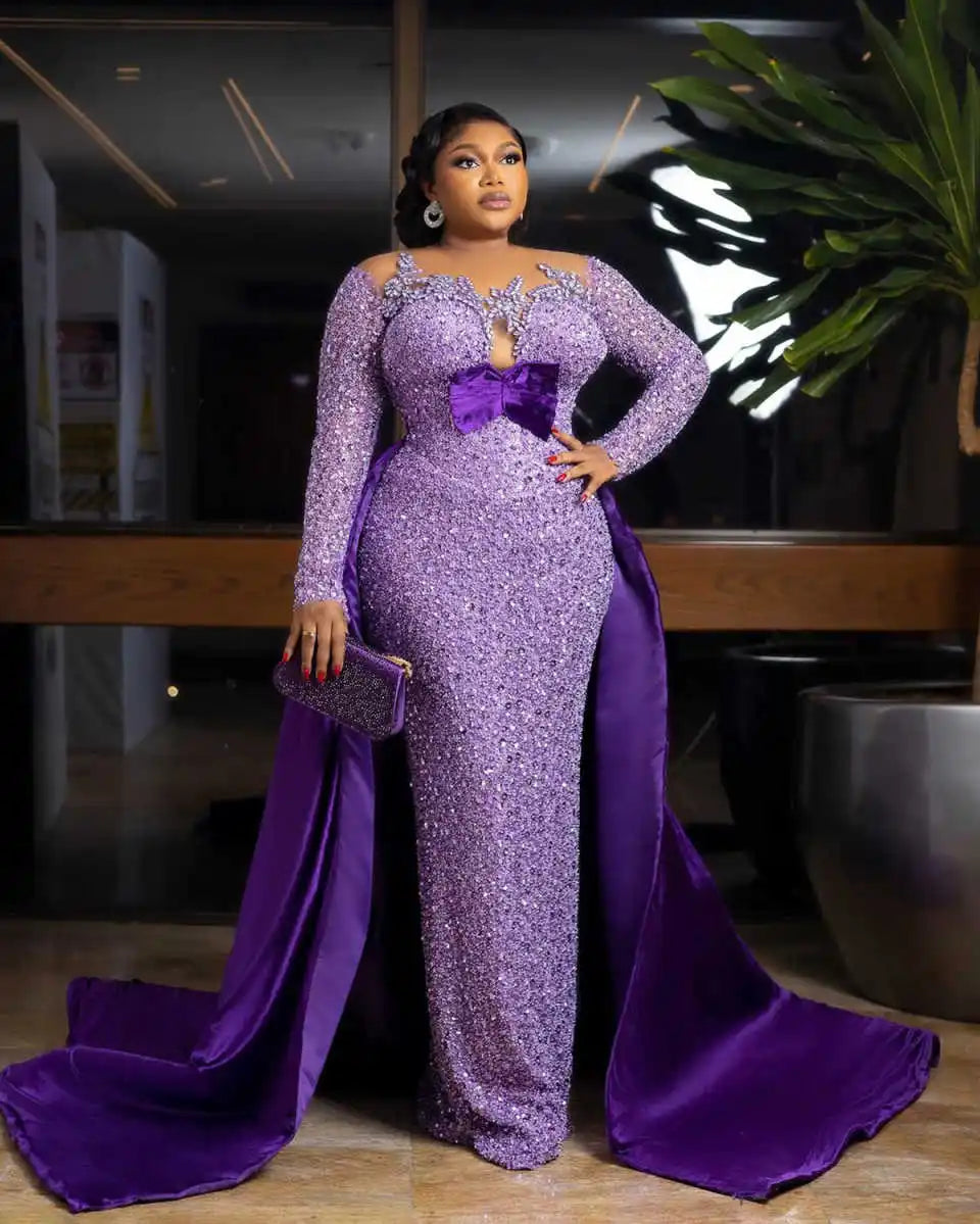 Plus Size Mermaid Evening Gown with Beaded Crystal & Sweep Train