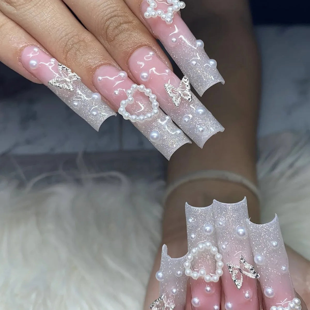 Press-On Coffin Nails | Butterfly Rhinestone Ballet False Nails Set 24Pcs