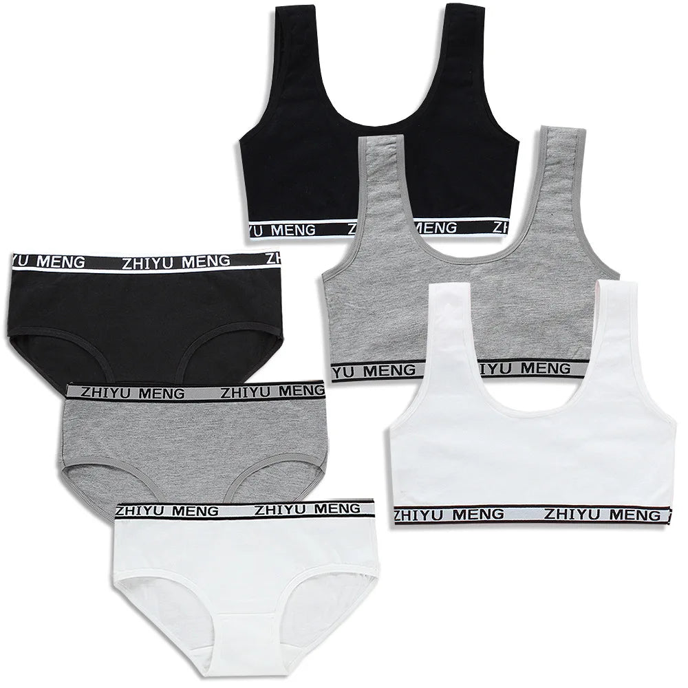 Girls' Cotton Training Bra & Panties Set - Wireless Sports Bra for Teens