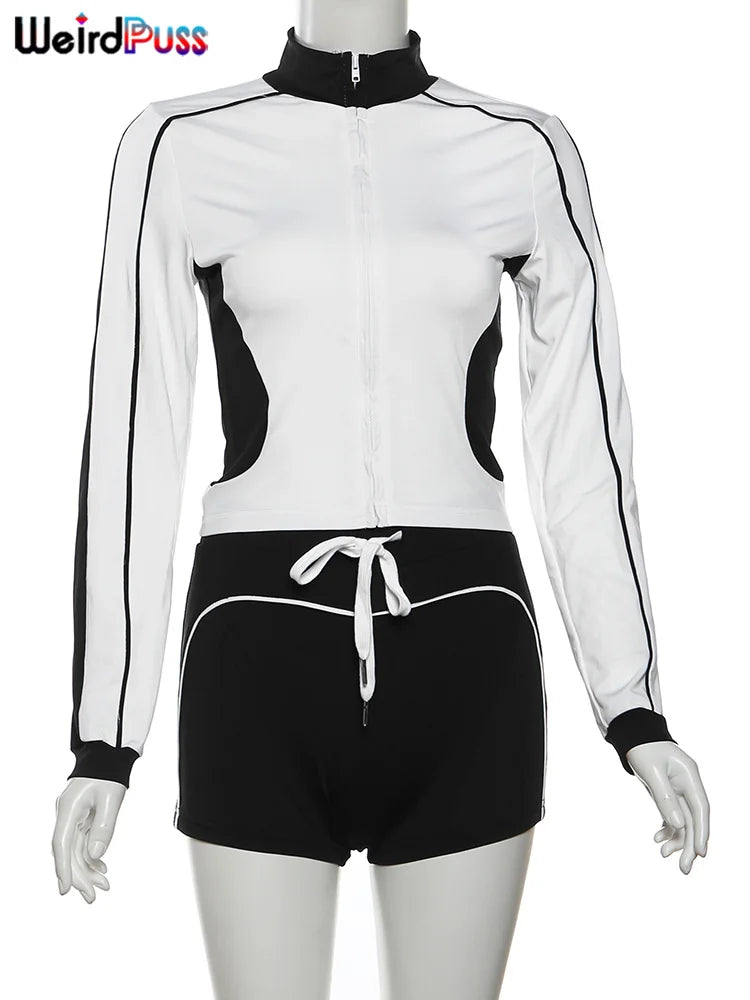 Patchwork Crop Jacket & Shorts Tracksuit - Two-Piece Set