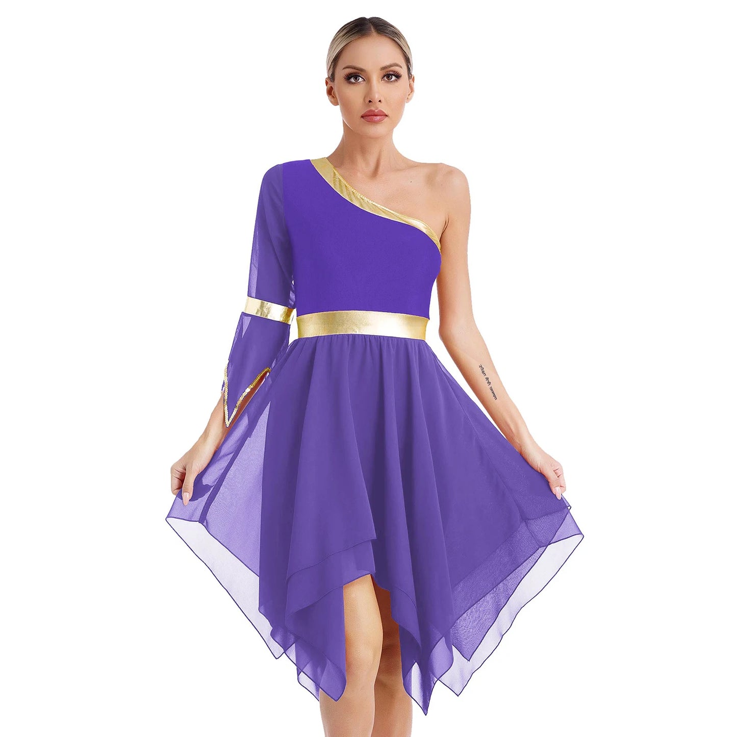 Women's Lyrical Dance Dress - One Shoulder Chiffon with Sequin Trim