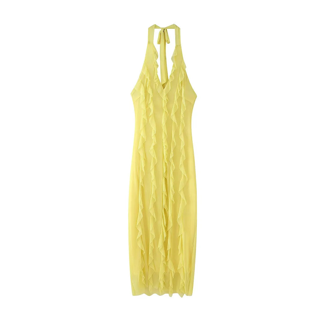 Women's Tiered Backless Maxi Dress - V-Neck Spaghetti Strap for Beach, Prom & Resort
