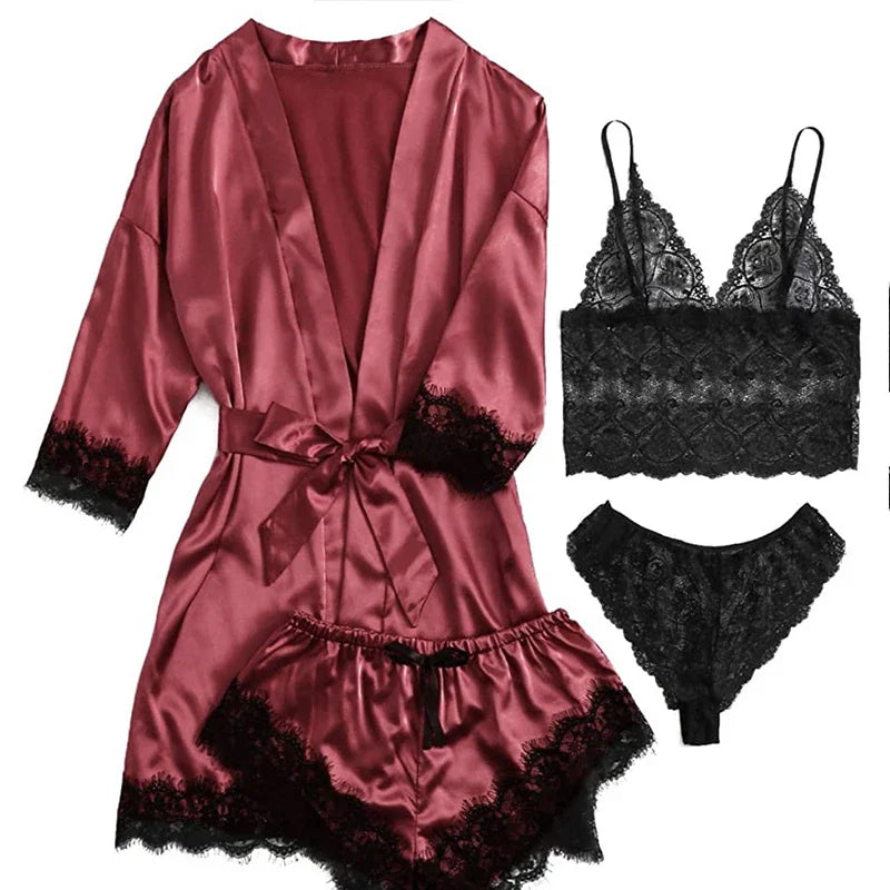 4-Piece Lace Pajama Set - Camisole, Shorts, Robe & Nightgown
