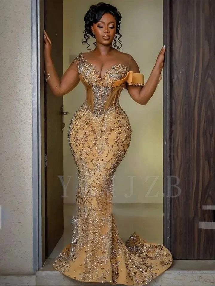 Luxury Gold Aso Ebi Prom Gown with Crystal Beading & Lace