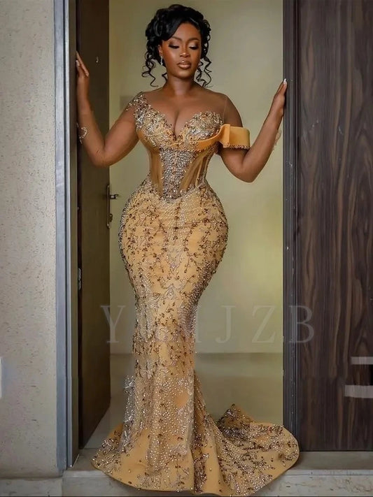 Luxury Gold Aso Ebi Prom Gown with Crystal Beading & Lace