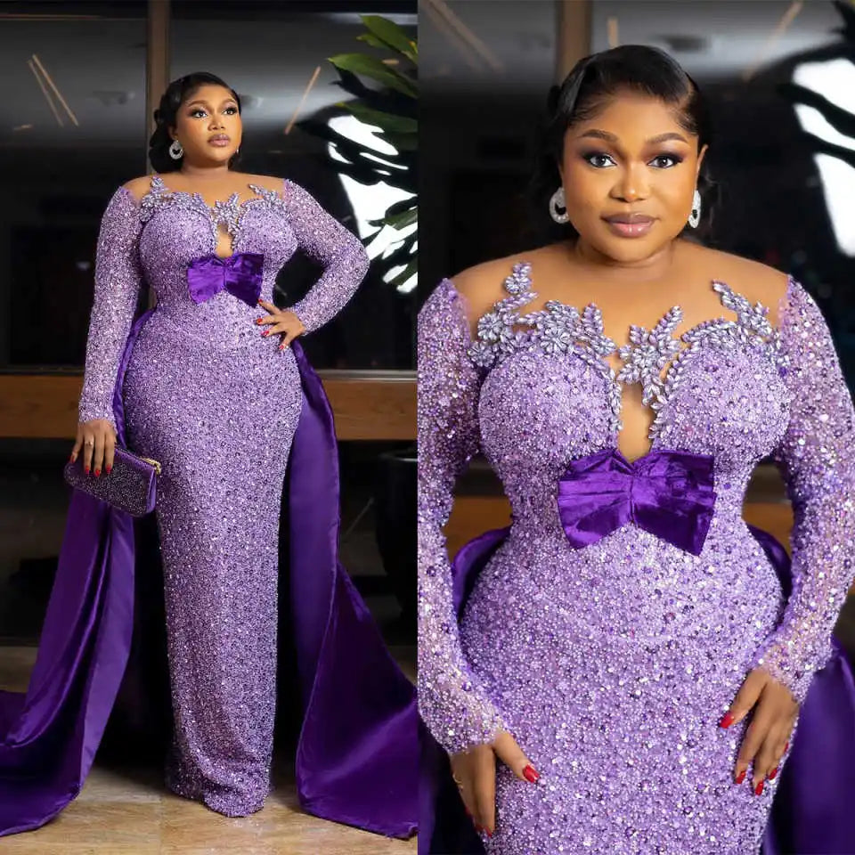 Plus Size Mermaid Evening Gown with Beaded Crystal & Sweep Train