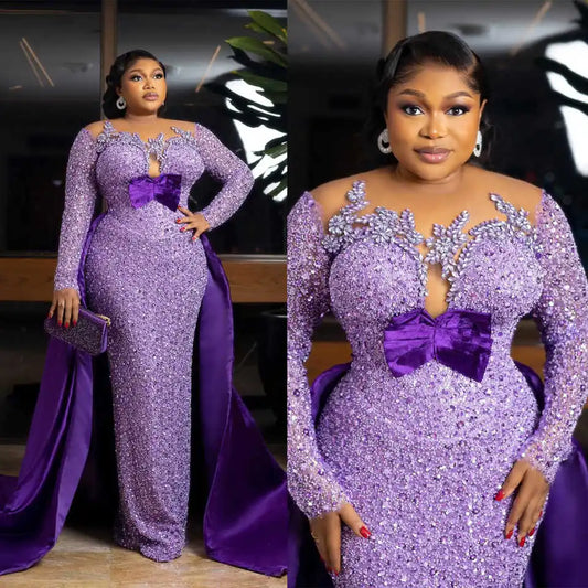 Plus Size Mermaid Evening Gown with Beaded Crystal & Sweep Train