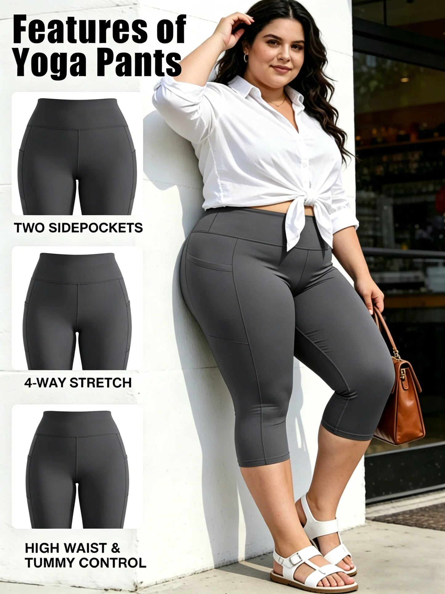 Plus Size Leggings with Pockets for Women - Black High Waisted Tummy Control Soft Yoga Pants for Gym Workout