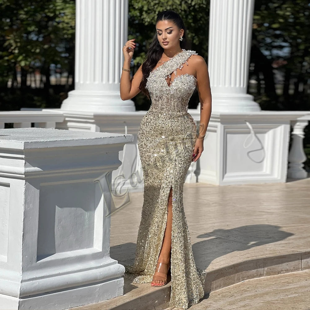 One Shoulder Sequin Mermaid Prom Dress | Beaded Evening Gown | Custom Size