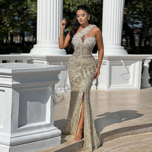 One Shoulder Sequin Mermaid Prom Dress | Beaded Evening Gown | Custom Size