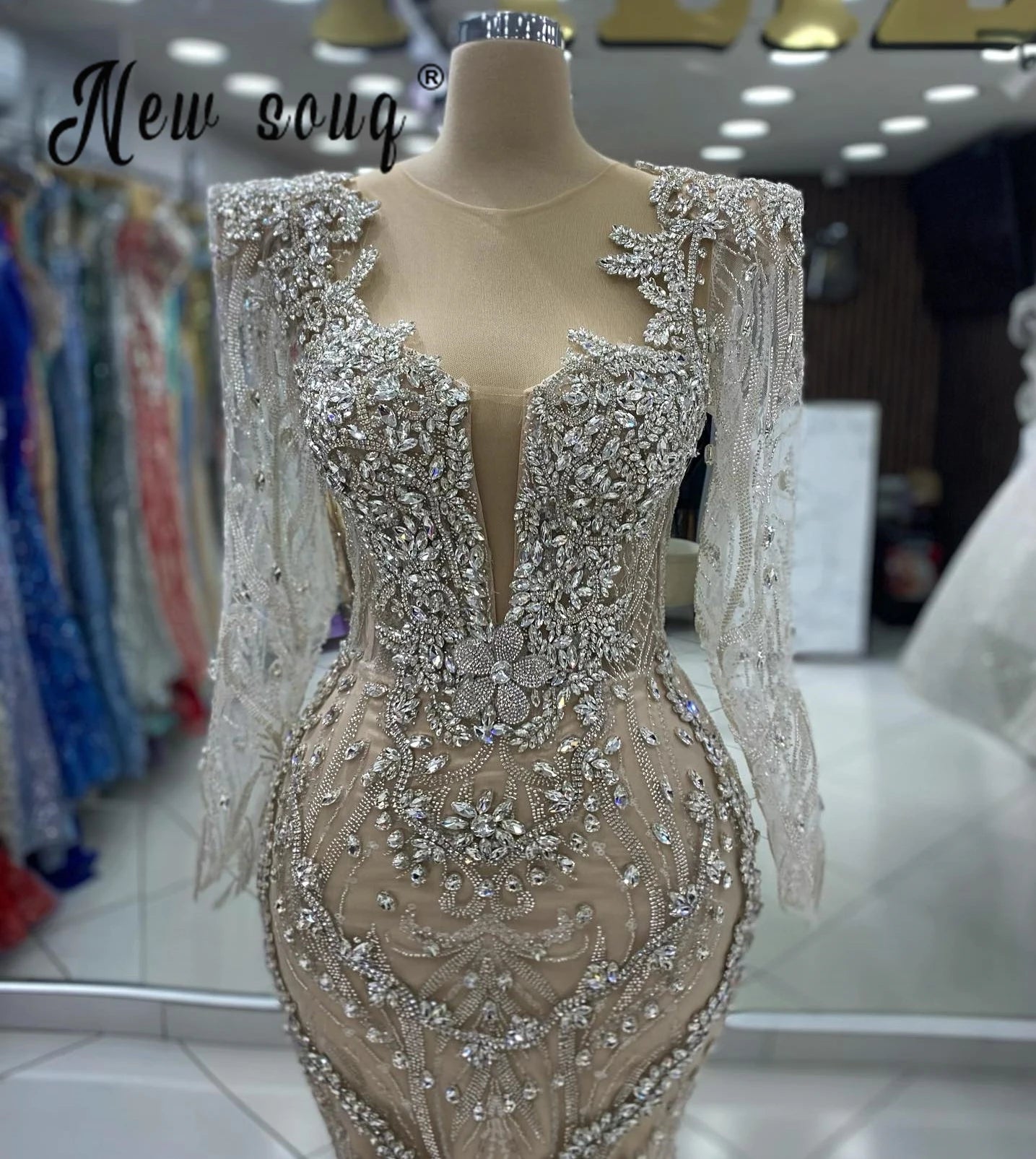 Luxury Crystal Scoop Neck Evening Gown – Long Sleeve Mermaid Formal Dress | Custom Sizing