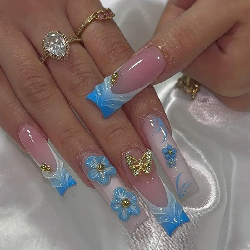 Press-On Coffin Nails | Butterfly Rhinestone Ballet False Nails Set 24Pcs