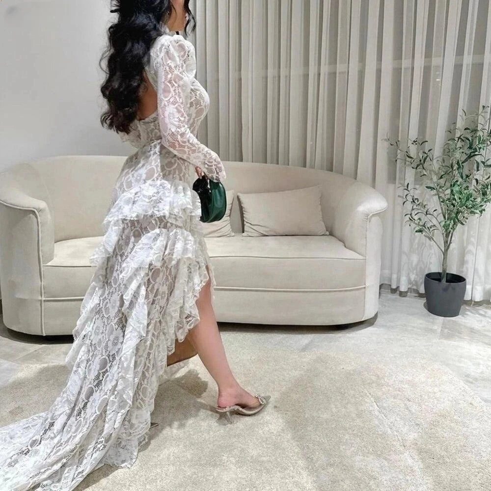 Lace Mermaid Evening Gown – High Neck, Full Sleeve, Backless Formal Dress